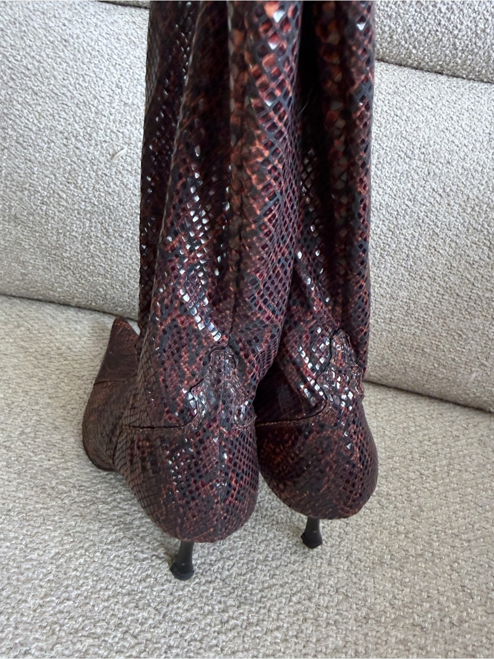 Y2K Pointed Toe Brown Snake-Print Mid-Calf Heeled Boots - Picture 3 of 5